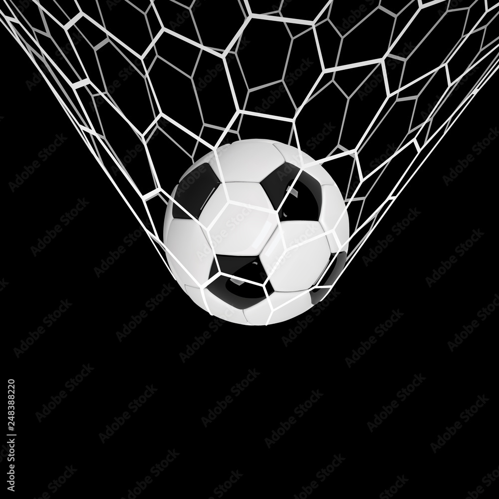 Vector Realistic soccer ball or football ball in net on black background. 3d Style vector Ball