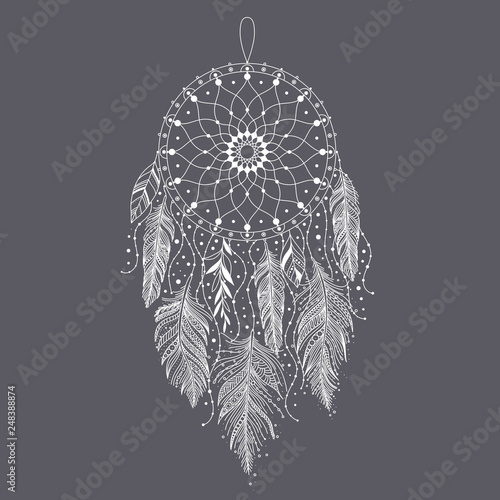 Hand drawn dreamcatcher with feathers. Ethnic art with native American Indian boho design, mystery symbol, tribal gypsy poster or card. Vector illustration of dream catcher.