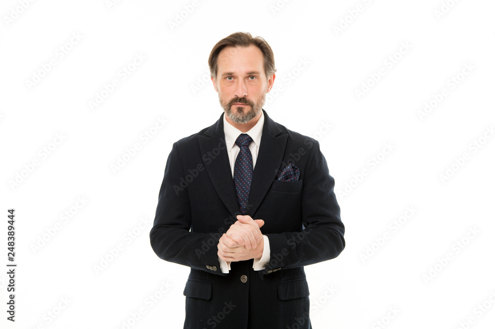 Suit imbue sense of confidence of gentlemen. Perfect suit for every type of guy. Man handsome mature fashion model wear fashionable suit on white background. Bespoke suit flatters every wearer Suit imbue sense of confidence of gentlemen. Perfect suit for every type of guy. Man handsome mature fashion model wear fashionable suit on white background. Bespoke suit flatters every wearer