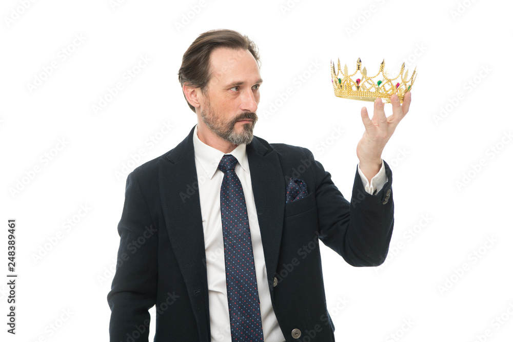 Direct line to throne. Enormous privilege. Become king ceremony. King attribute. Become next king. Monarchy family traditions. Man nature bearded guy in suit hold golden crown symbol of monarchy Direct line to throne. Enormous privilege. Become king ceremony. King attribute. Become next king. Monarchy family traditions. Man nature bearded guy in suit hold golden crown symbol of monarchy