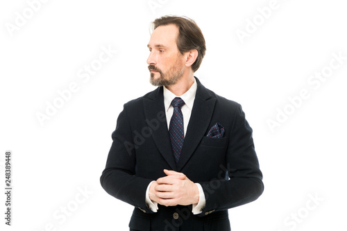 Suit imbue sense of confidence of gentlemen. Man handsome confident mature fashion model wear fashionable suit on white background. Ways to accessorize your suit. Bespoke suit flatters every wearer