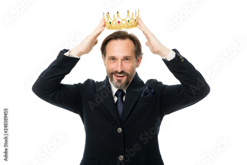 Become next king. Monarchy family traditions. Man nature bearded guy in suit hold golden crown symbol of monarchy. Direct line to throne. Enormous privilege. Become king ceremony. King attribute