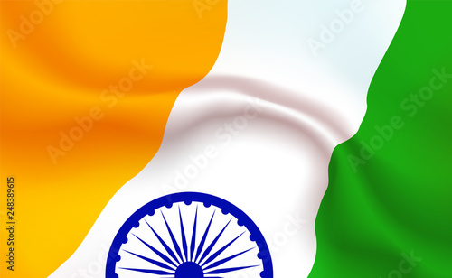 Background Indian Flag in folds. Republic of India banner. Pennant with stripes concept up close, standard state of South Asia illustration. Realistic soft shadows, highlights. Vector eps10