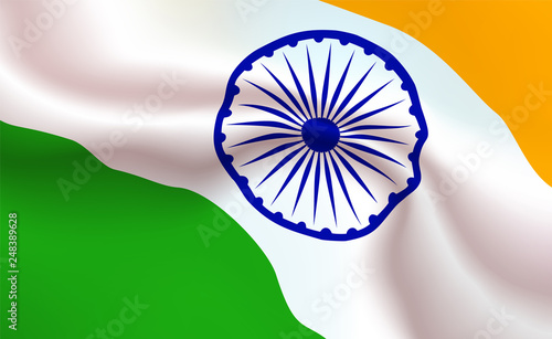 Background Indian Flag in folds. Republic of India banner. Pennant with stripes concept up close, standard state of South Asia illustration. Realistic soft shadows, highlights. Vector eps10