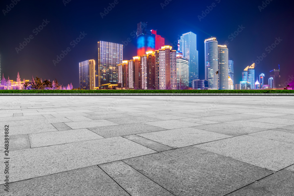 Empty Plaza Floor Bricks and the Skyline of Modern Urban Architecture in Qingdao.. Empty Plaza Floor Bricks and the Skyline of Modern Urban Architecture in Qingdao..