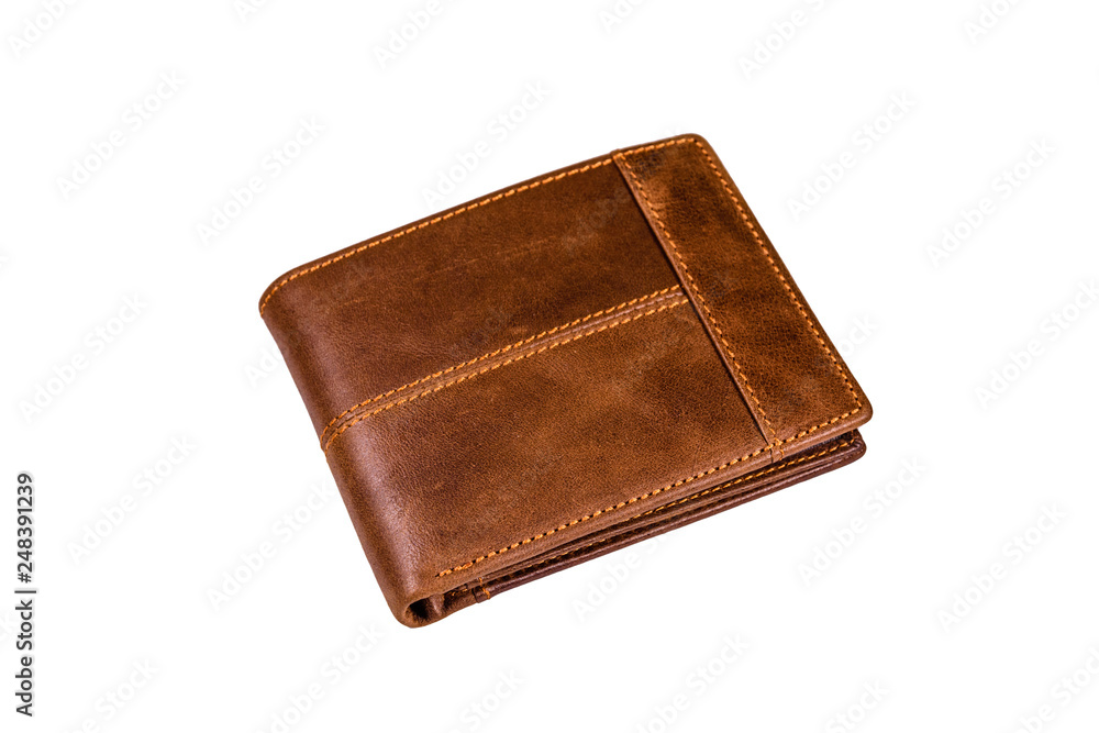 Closed brown leather wallet isolated on a white background Closed brown leather wallet isolated on a white background