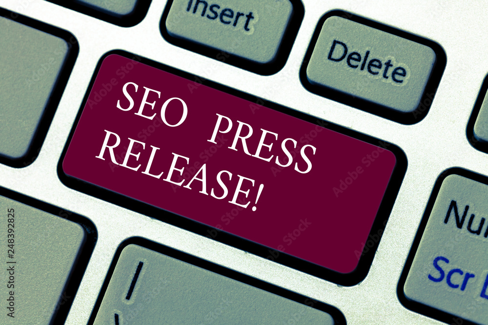 Text sign showing Seo Press Release. Conceptual photo make sure that links going back websites in your press Keyboard key Intention to create computer message pressing keypad idea Text sign showing Seo Press Release. Conceptual photo make sure that links going back websites in your press Keyboard key Intention to create computer message pressing keypad idea