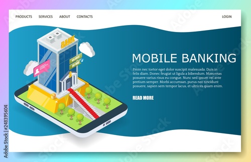 Mobile banking vector website landing page design template