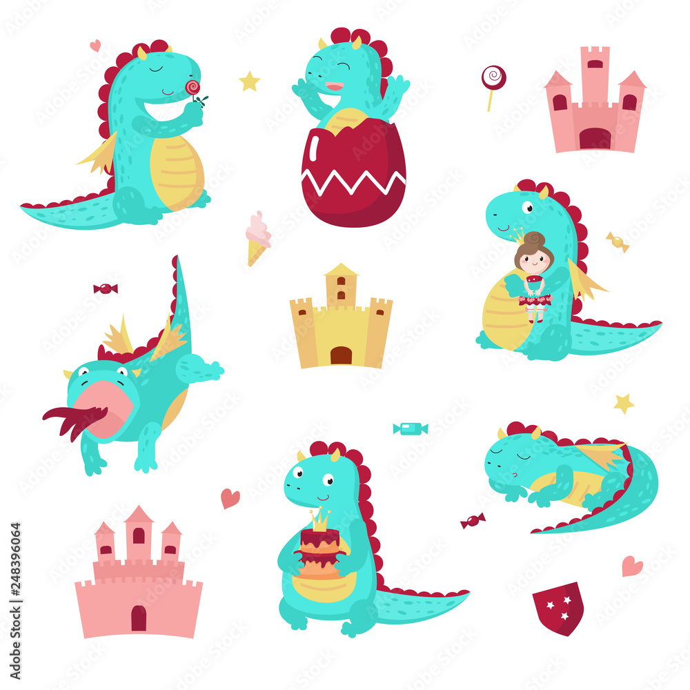 Obraz premium Cute dragon icon set, vector isolated illustration