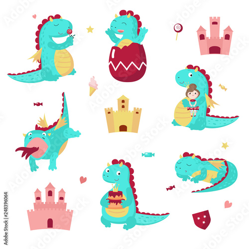 Cute dragon icon set  vector isolated illustration
