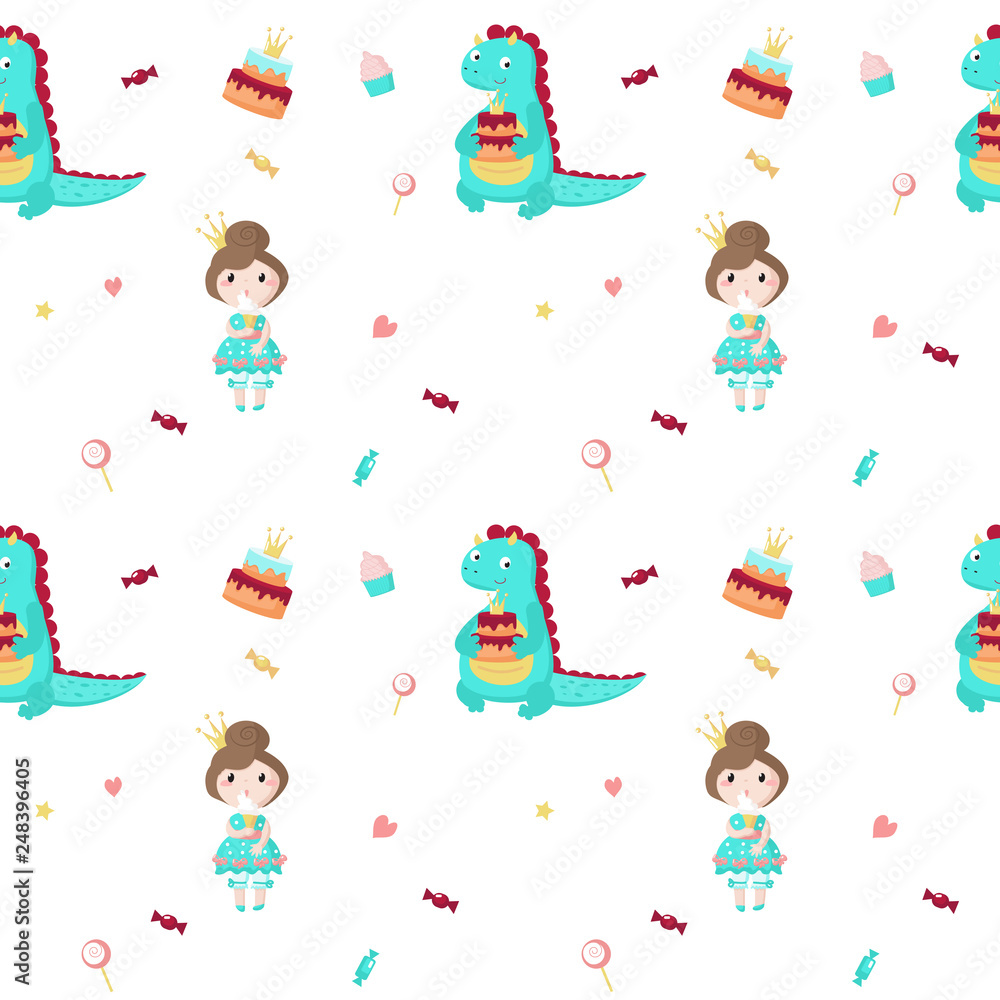 Fototapeta premium Vector seamless pattern with beautiful princess and dragon