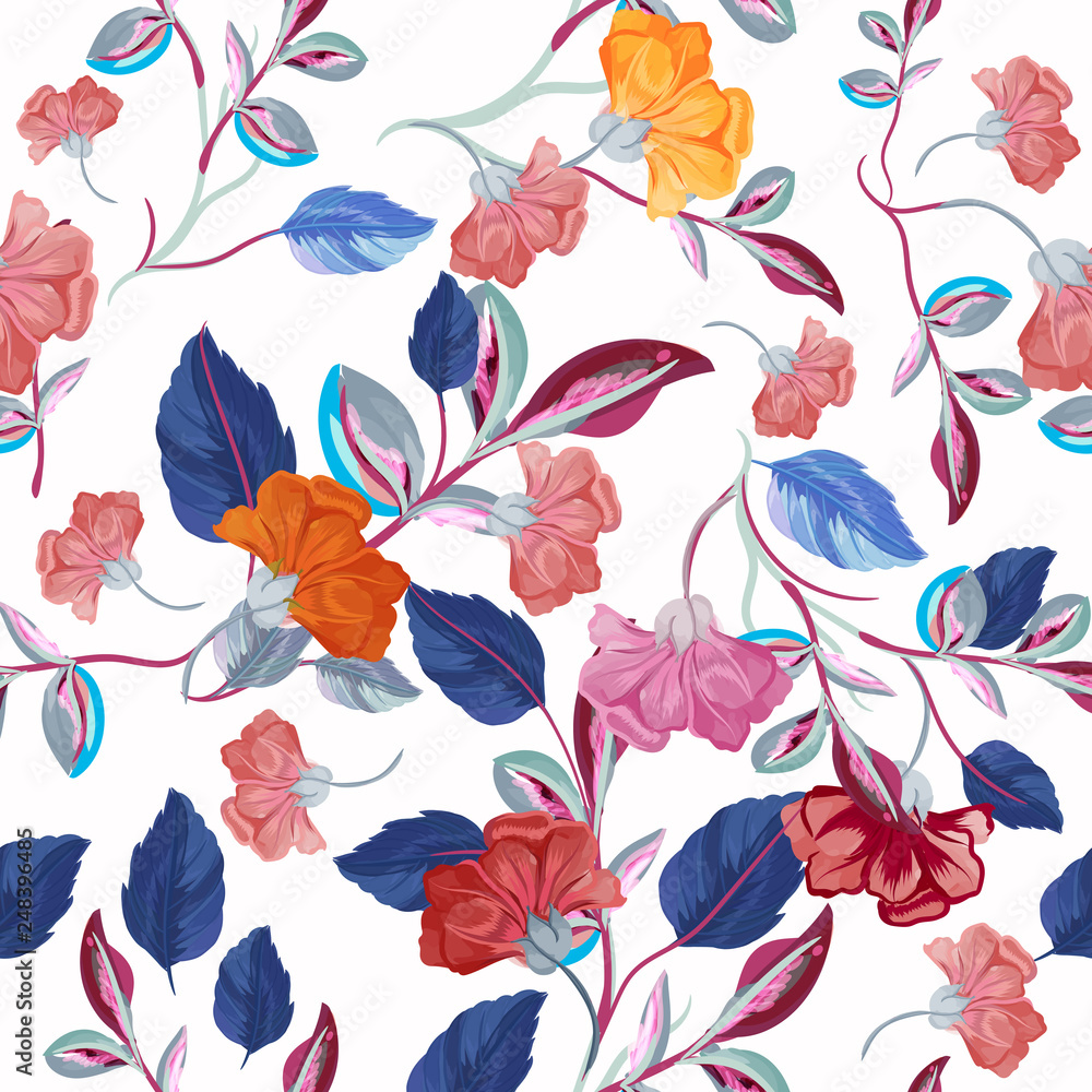 Fashion floral vector pattern with flowers in watercolor style