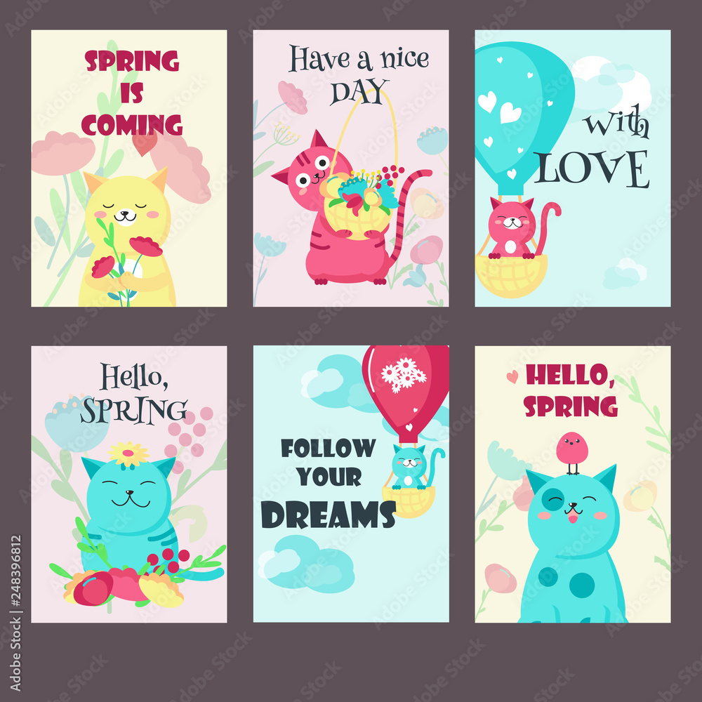 Vector set of spring cards with cute cats and inspirational quotes Vector set of spring cards with cute cats and inspirational quotes