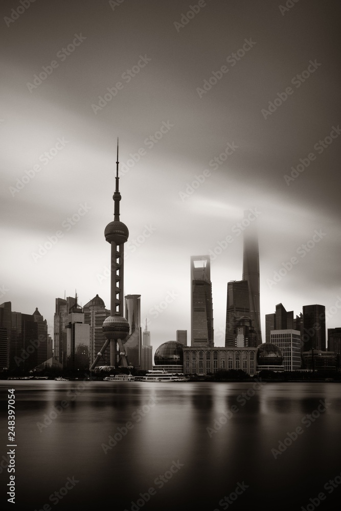 Shanghai city skyline view with overcast sky