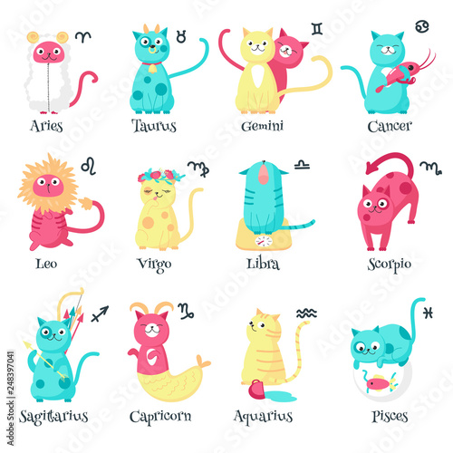 Cute cat zodiac signs, vector isolated illustration