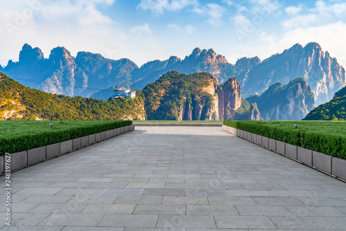 Empty Plaza Floor Bricks and Beautiful Natural Landscape