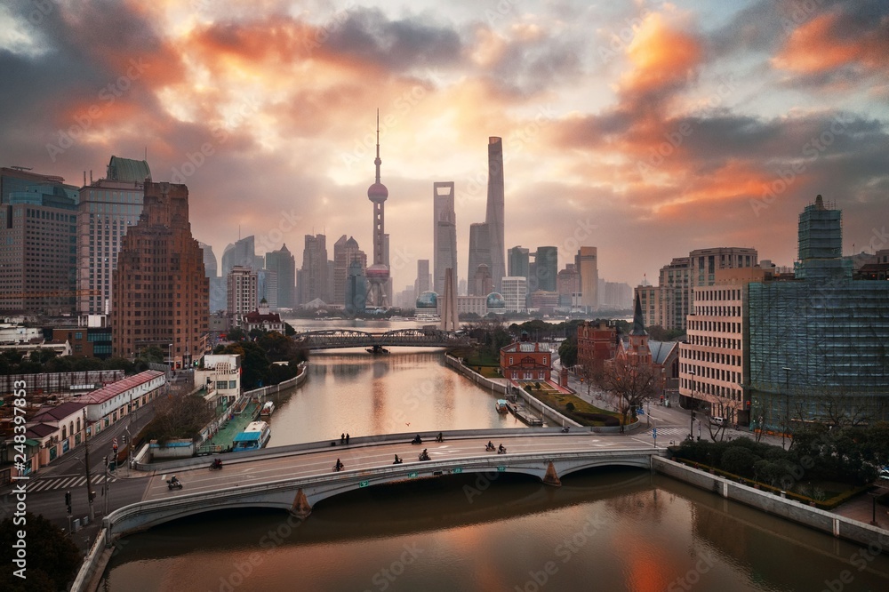 Shanghai city sunrise aerial view with Pudong business district