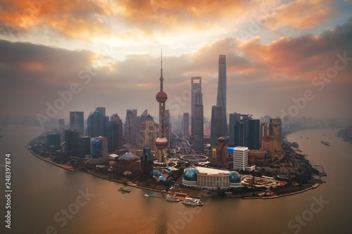 Shanghai city sunrise aerial view with Pudong business district © rabbit75_fot