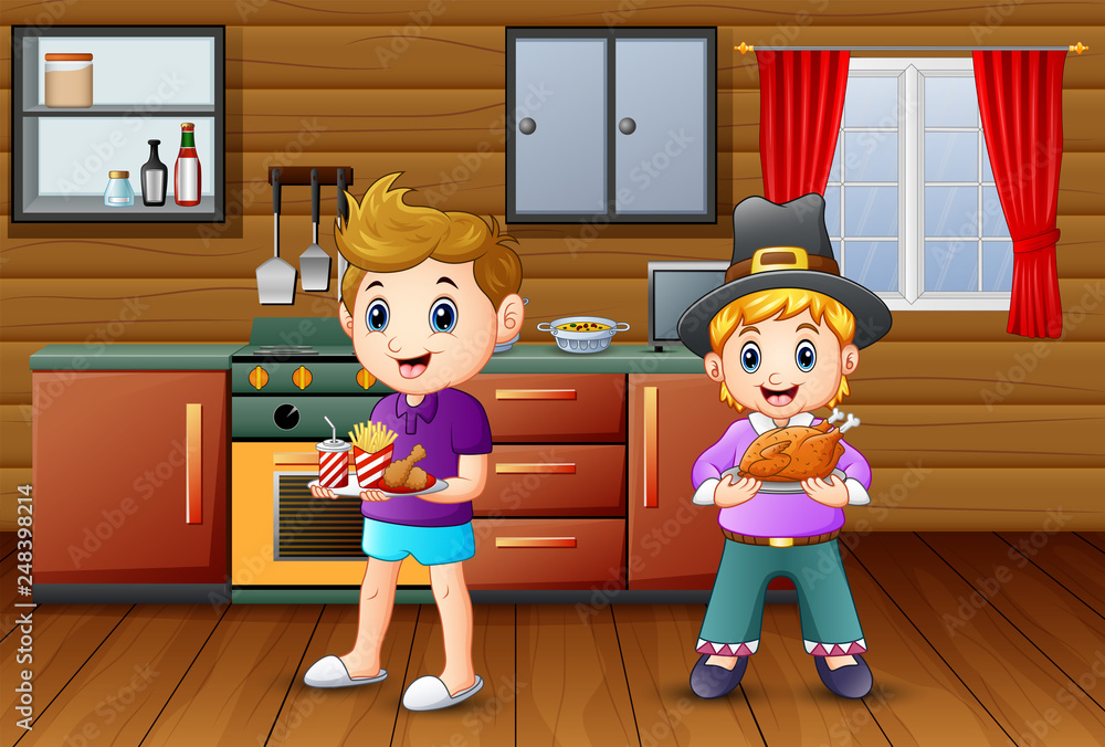 Two boy bringing a food in the kitchen Two boy bringing a food in the kitchen