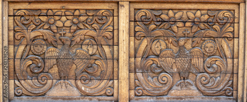 Wood Carving Motif. Close up of wooden panel decoration in northern Romania.