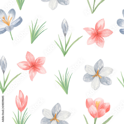 Watercolor seamless pattern with flowers, leaves. Texture for wallpaper, packaging, scrapbooking, textiles, fabrics, wedding design.