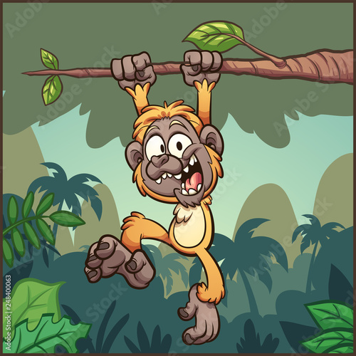 Cartoon gibbon monkey hanging from a branch in front of a jungle background. Vector illustration with simple gradients. Some elements on separate layers.