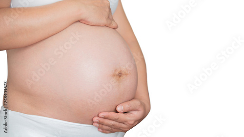 Pregnant woman in underwear isolated on white background. Mom Waiting to meet a baby as unborn, lovely and healthy concept.