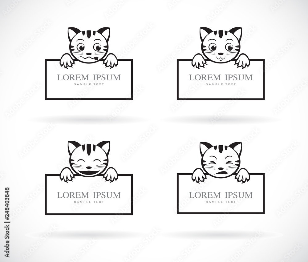 Collection of black cartoon cats head with frame space for your text. Pet. Animals. Easy editable layered vector illustration.