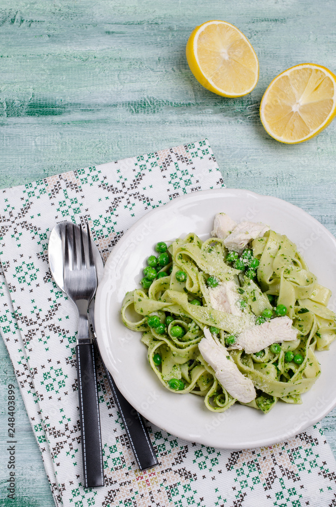 Fettuccine pasta with meat slices Fettuccine pasta with meat slices