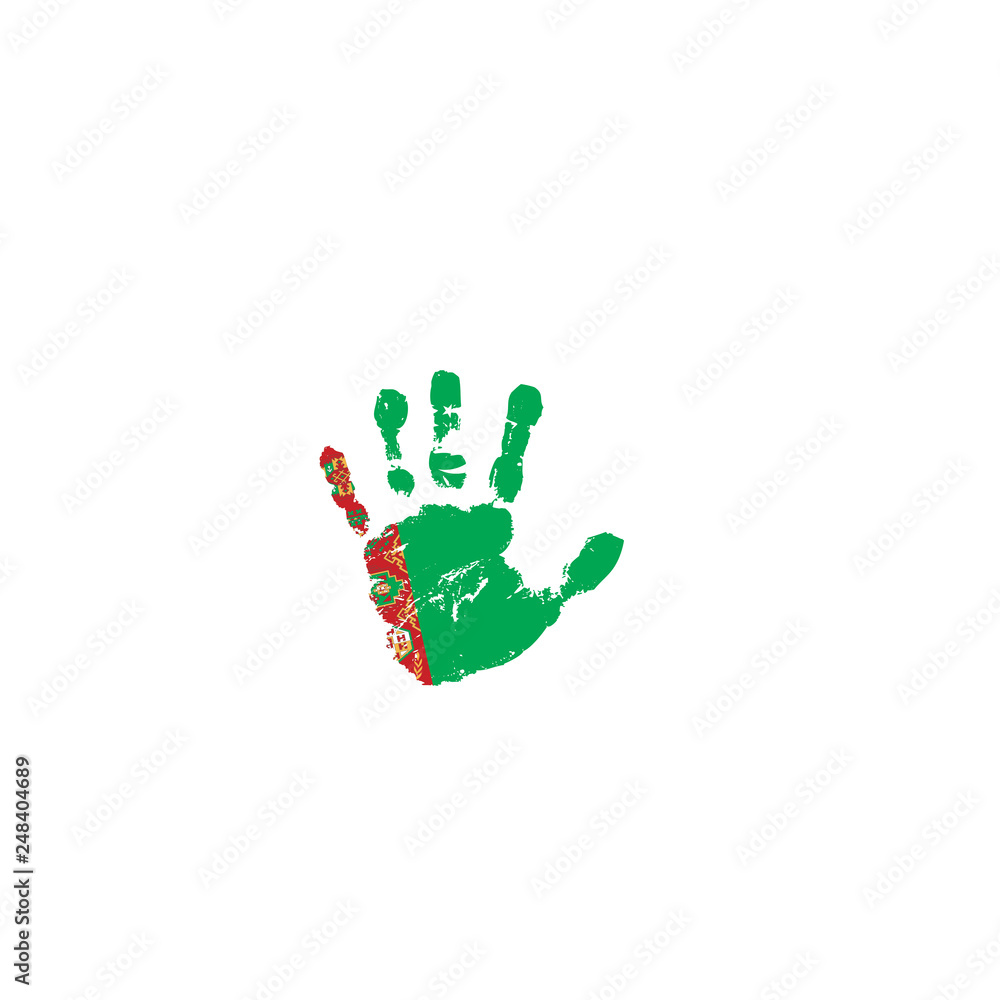 Turkmenistan flag and hand on white background. Vector illustration Turkmenistan flag and hand on white background. Vector illustration