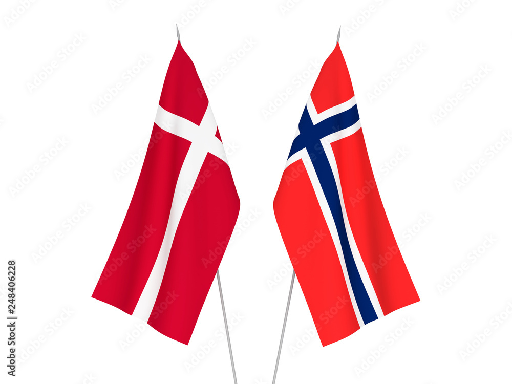 National fabric flags of Norway and Denmark isolated on white background. 3d rendering illustration.