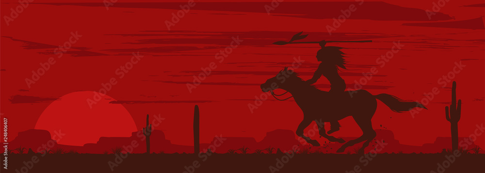 Silhouette of Native American Indian riding horseback with a spear ...