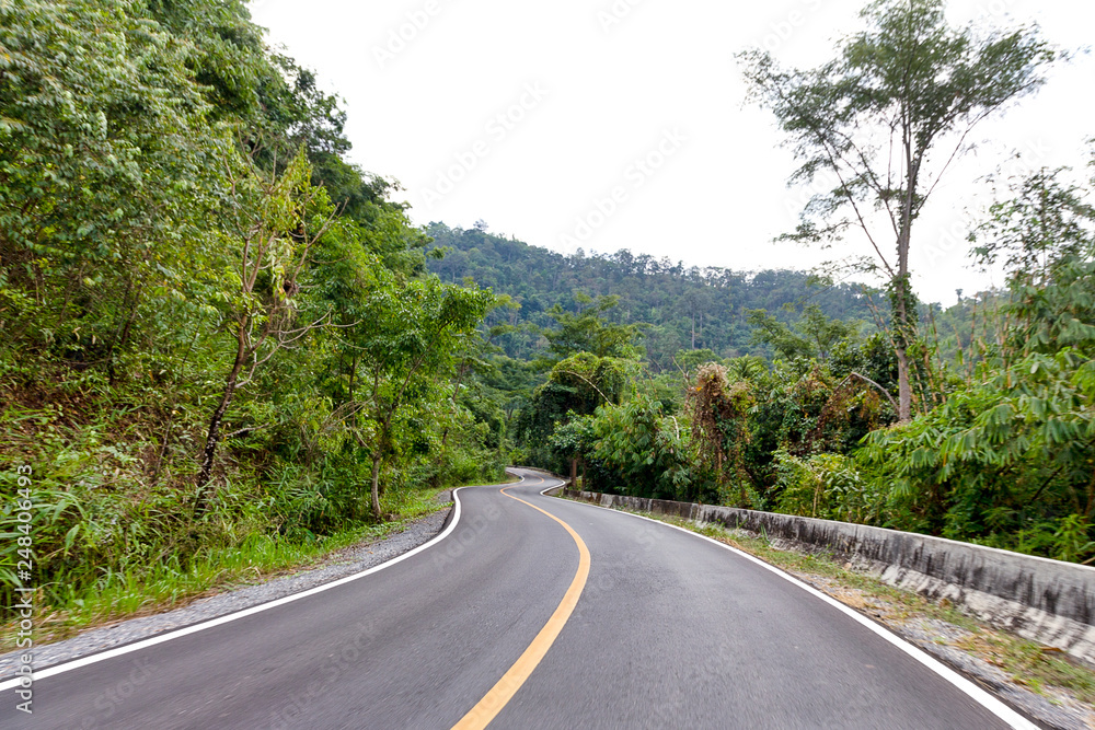 Asphalt winding curve road pass through mountain and forest Asphalt winding curve road pass through mountain and forest