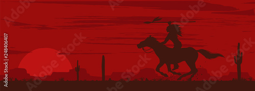 Silhouette of Native American Indian riding horseback with a spear banner, vector