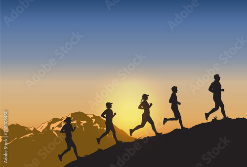 Silhouette of people running uphill, Vector
