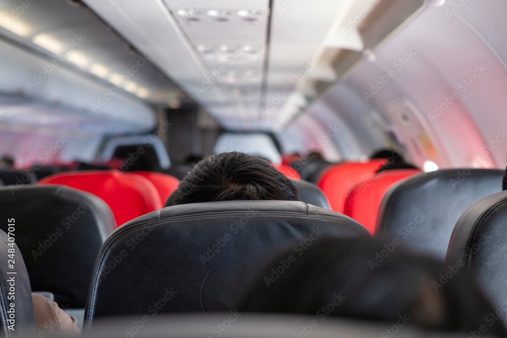 Interior of airplane with passengers on seats waiting to taik off. Interior of airplane with passengers on seats waiting to taik off.
