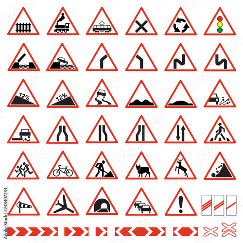 Road  signs set. Warning traffic signs collection.
