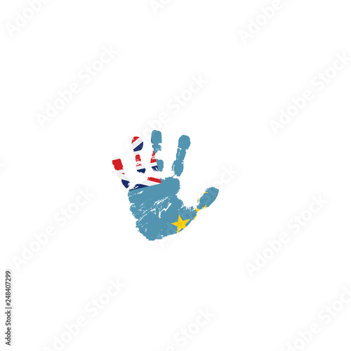 Tuvalu flag and hand on white background. Vector illustration