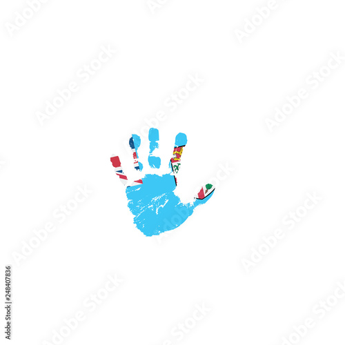 Fiji flag and hand on white background. Vector illustration