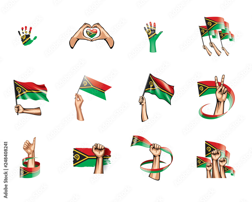 Fototapeta premium Vanuatu flag and hand on white background. Vector illustration