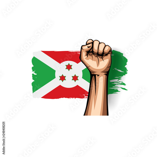 Burundi flag and hand on white background. Vector illustration