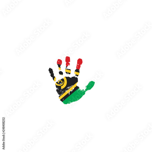 Vanuatu flag and hand on white background. Vector illustration