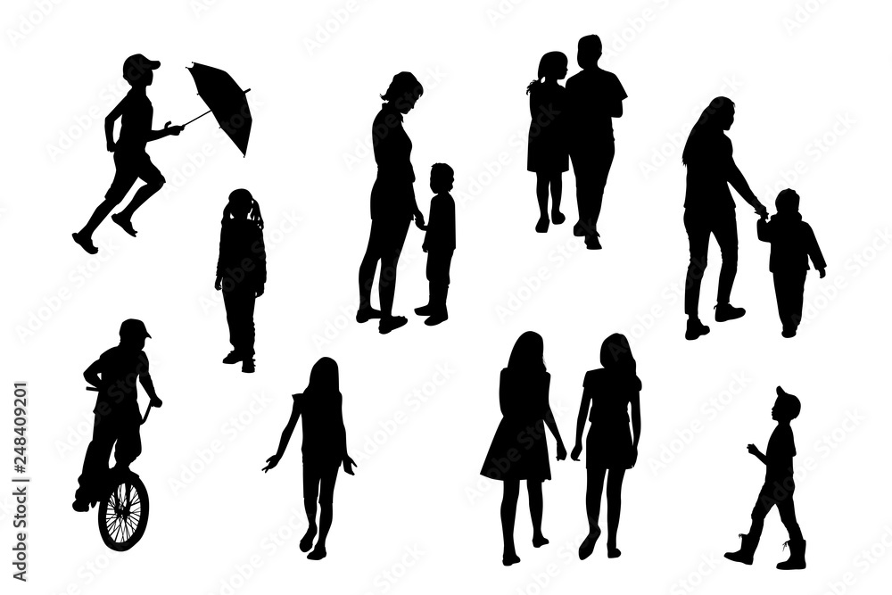 Fototapeta premium silhouettes of children and parents in various poses. Children play, walk, run, jumping, vector. Set of illustrations of kids activity.
