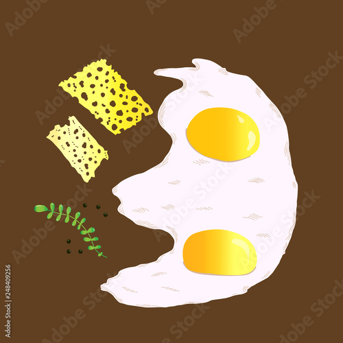 vector gradient food illustration of a couple of fried eggs augmented with some spices and two cheese slices on a brown background. Food and catering theme, image for recipe, lifestyle, culinary blogs