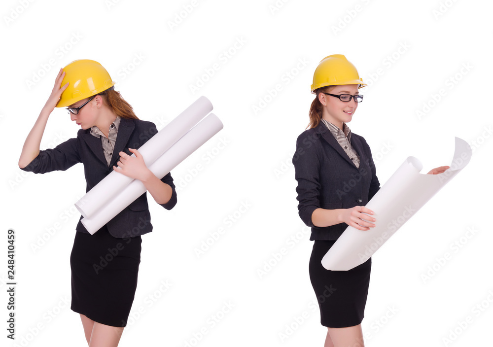 Female architect with blueprint isolated in white Female architect with blueprint isolated in white