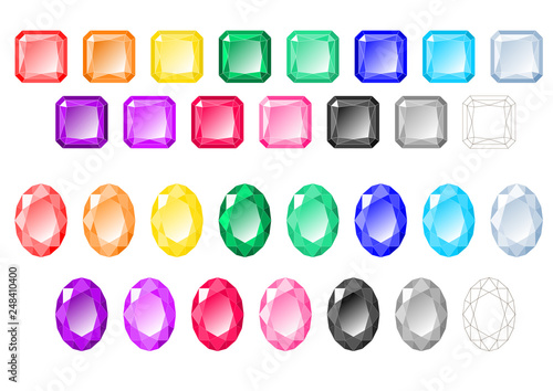 Cartoon-like multicolored radiant, oval cut diamonds and gemstones