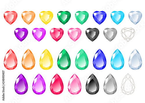 Cartoon-like multicolored heart, pear cut diamonds and gemstones
