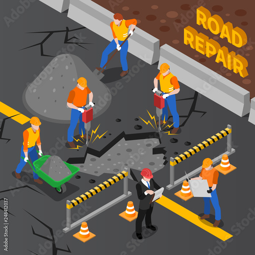 Road Repair Isometric Composition