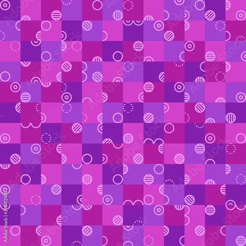 purple and violet circles and squares. vector seamless pattern. simple geometric shapes. textile paint. repetitive background. fabric swatch. wrapping paper. modern stylish texture