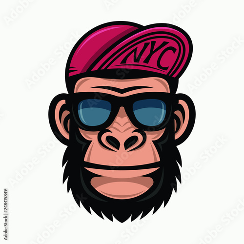Cool monkey in sunglasses and baseball caps. Fashionable gorilla head